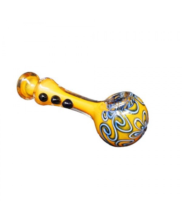 Yellow Handmade Glass Hand Pipe w- Blue Threaded Accents