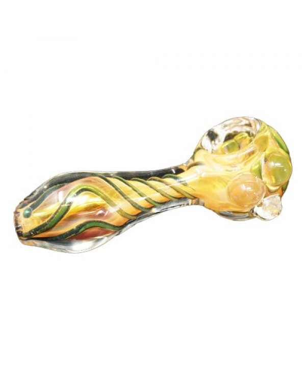 Yellow & Green Handmade Glass Hand Pipe w- Marbles